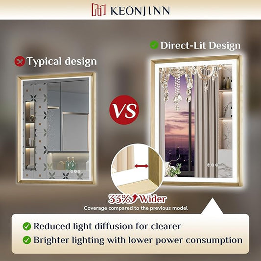 Keonjinn 48” x 36” LED Bathroom Mirror with Frontlit & Backlit, Gold Metal Framed Lighted Mirror with Stepless Dimmable 3-Color Temperatures, Anti Fog, UL-Listed Driver, No Dark Corner