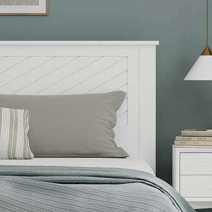 Serene Poplar Wood King Size Headboard in White, Modern Farmhouse Panel with Chevron Scoring, Casual Coastal Style, Easy Assembly, Quality Materials