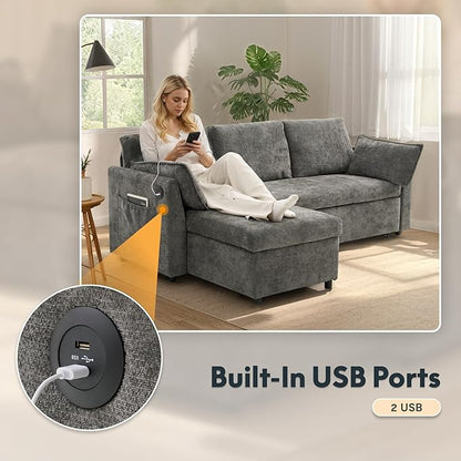 FLEXISPOT XB5 78" Pull Out Couch Bed with Storage Chaise,3-Seater Sectional Sofa Bed with USB Charging Ports, 2-in-1 Convertible Sofa Couch for Living Room Apartment, Easy to Assemble(Gray)