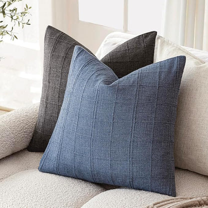 Foindtower Set of 2 Decorative Linen Check Throw Pillow Covers Neutral Farmhouse Vintage Cushion Covers Modern Coastal Boho Home Decor for Sofa Chair Couch Bedroom Living Room,22×22 Inch,Blue
