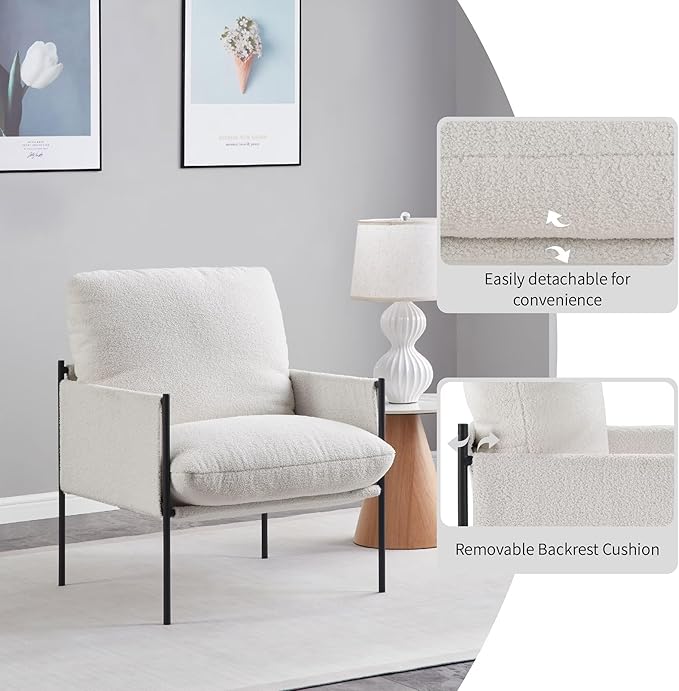 FLEXISPOT Accent Chair for Living Room,Arm Chair for Bedroom,with Wide Large Plus Size Cushion,Metal Frame,Reading Bedroom Chair Armchair for Home/Office/Cafe/Apartment/Waiting Room,White