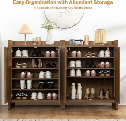 SICOTAS Shoe Cabinet Set of 3, Large Capacity Shoe Storage Organizer Cabinet, Tall Rattan Shoe Cabinet with Doors and Shelves, 6-Tier Farmhouse Boho Wooden Storage Cabinet for Entryway Hallway