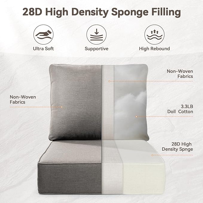Luxury 6" Outdoor Cushions for Patio Furniture, 24x24x6" Thick Seat Cushion Set of 4, Fade Resistant Couch Chair Replacement Cushions High Density Deep Wicker Chair Cushion w/ Removable Cover Gray