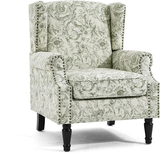 UIXE High Back Floral Accent Chairs Set of 2, Fabric Upholstered Armchair Wingback Arm Chair for Living Room, Nailhead Trim Single Sofa Bedroom Side Reading Seat with Solid Wood Legs - Rococo Green
