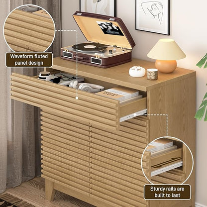 Fluted Buffet Cabinet with Storage, Coffee Bar Cabinet with a Drawer, Sideboard Buffet Kitchen Storage Cabinets with Adjustable Shelves for Living Room, Kitchen, Natural Oak