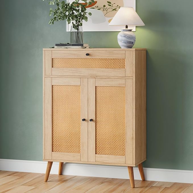 Rattan Storage Cabinet, 2-Door Oak Sideboard with Drawers, Buffet Sideboards with Storage, Elegant Boho Design for Dining Room or Living Room, 1 Drawer for Extra Organization