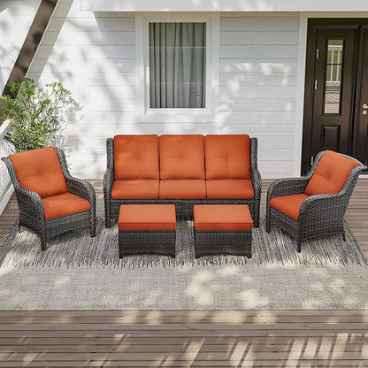 Patio Conversation Set 5-PCS Wicker Outdoor Furniture Conversation Set with 3-Seat Sofa, 2 Armchair, 2 Ottoman Patio Rattan Wicker Sectional Sofa Set with Olefin Cushion, Orange