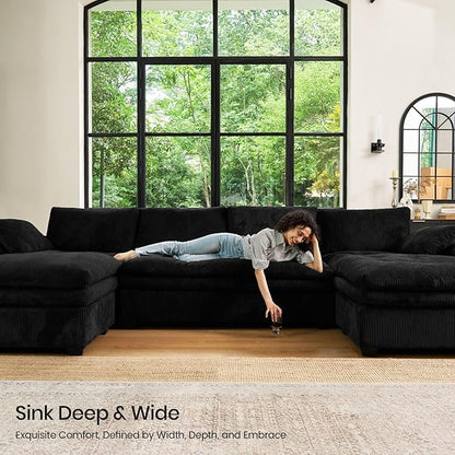 Belffin Large Modular Sectional Sofa with Double Deep Chaise and Loveseat, Corduroy U Shape Couch with 9" Soft Dual-Layer 9 Seats Cushion for Living Room, Apartment, Black