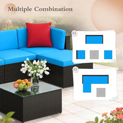 JUMMICO 5 Pieces Patio Furniture Set, Outdoor Sectional Sofa Conversation Sets, Couch Rattan Chair Wicker with Ottoman Cushion, Glass Tea Table and Pillows for Backyard Porch Garden Pool Balcony,Blue