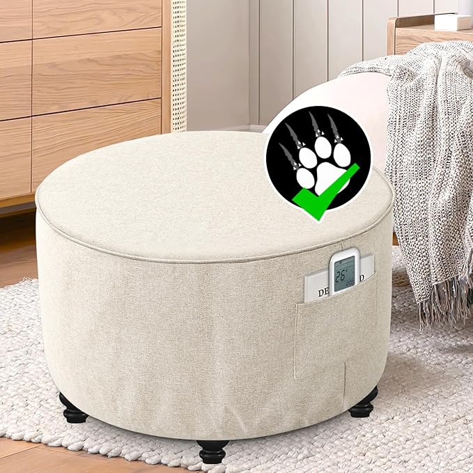 H.VERSAILTEX Ottoman Cover Round Thick Linen Look Ottoman Slipcover Round Ottoman Storage Cover Folding Stool Covers Furniture Protector Cover for Footrest Ottoman Fit Dia 36" - 38", Heather Ivory