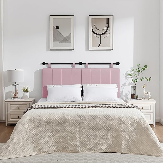 UEV Queen Headboard Only, Wall Mounted Hanging Upholstered Bed Head Board, Modern Vertical Channel Design of Fine Linen, Elegant Pink Fluted Headboard for Bedroom (Pink, Queen Size)