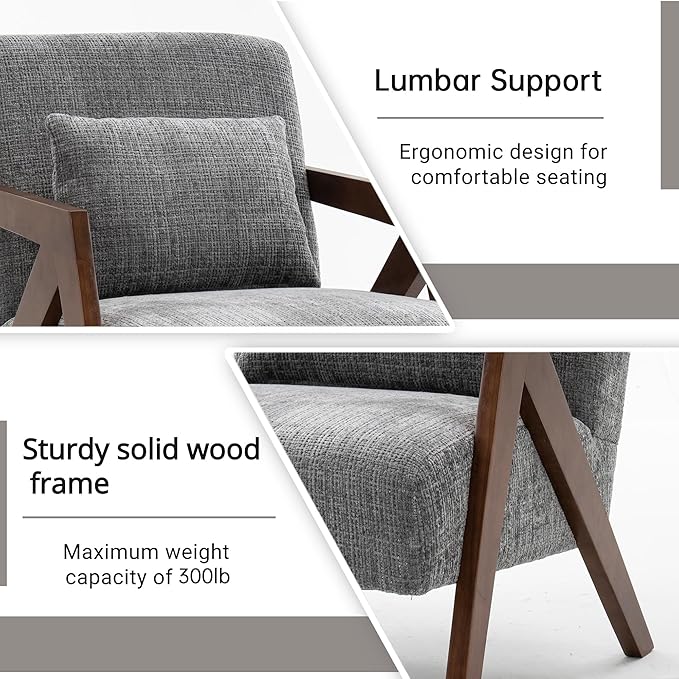 Mid-Century Modern Accent Chair Set of 2 with Solid Wood Frame，Upholstered Chenille Living Room Arm Chairs with Pillow for Bedroom, Living Room, Reading Room, Balcony, Grey