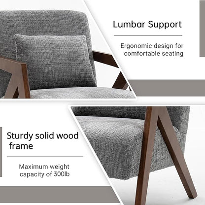 Mid-Century Modern Accent Chair with Solid Wood Frame，Upholstered Chenille Living Room Arm Chairs with Pillow for Bedroom, Living Room, Reading Room, Balcony, Grey