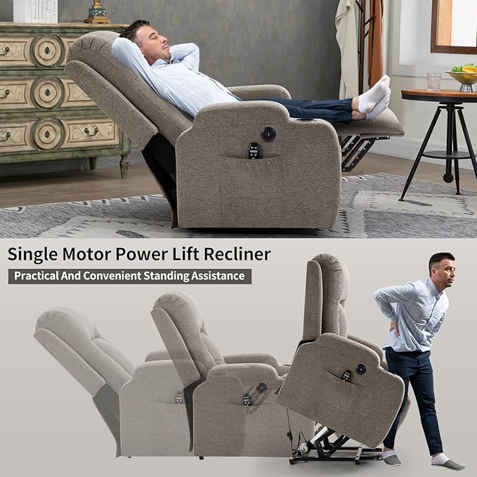 PELUMY Manual Lift Recliner Chair for Elderly with Massage & Heat, Oversized Heavy Duty 350 lbs Recliner with Cup Holders & USB Ports, Infinite Positioning Lift Chair for Adults (Linen Fabric, Brown)