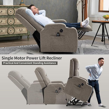 PELUMY Manual Lift Recliner Chair for Elderly with Massage & Heat, Oversized Heavy Duty 350 lbs Recliner with Cup Holders & USB Ports, Infinite Positioning Lift Chair for Adults (Linen Fabric, Brown)
