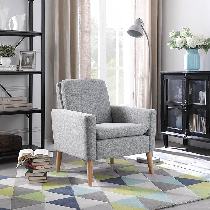 Lohoms Accent Chair Set of 2 Living Room, Fabric Upholstered Comfy Reading Chair, Mid Century Modern Armchair for Bedroom, Home Office, Padded Seat Sofa Chairs with Wood Legs, Grey