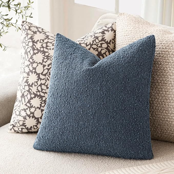Foindtower Set of 2, Decorative Textured Boucle Throw Pillow Covers Accent Solid Pillow Cases Neutral Couch Cushion Case for Chair Sofa Bedroom Living Room Home Decor 24x24 Inch Dark Blue