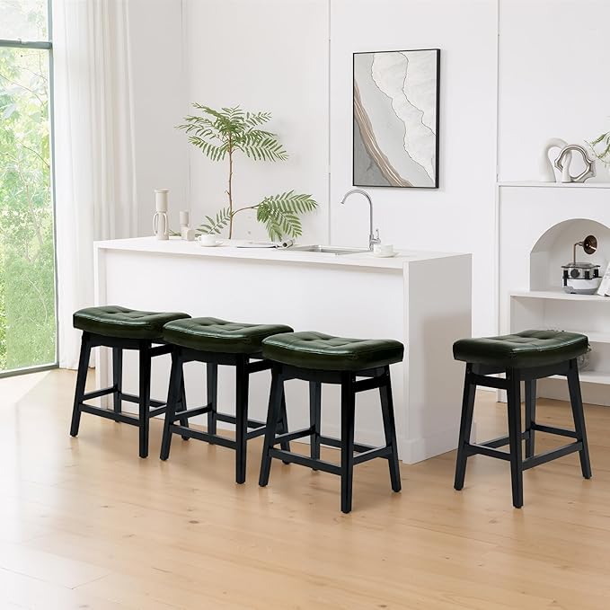 Counter Height Bar Stools Set of 6 for Kitchen Counter Farmhouse Modern Barstools with Faux Leather Upholstered Backless Seat and Solid Wood Legs 24 inch Bar Chairs, Green + Black