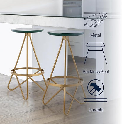 JONATHAN Y BSL1000B Spiroa 30" Modern Industrial Metal Backless Circular Bar Stool for Home, Kitchen, Dining Room, Workspaces, Cafes and Resturants, Green Seat with Gold Frame