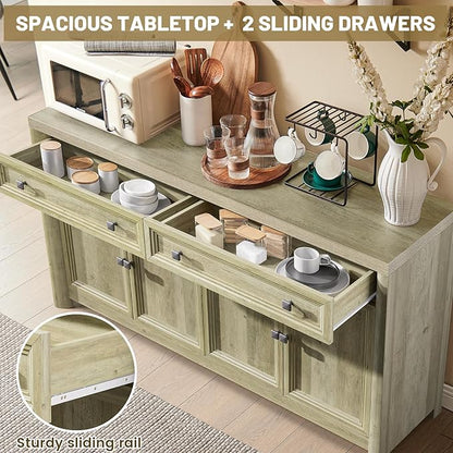 Farmhouse Buffet Cabinet with Storage, 59" Large Sideboard Credenza with Adjustable Shelves & 4 Doors, Wood Rustic Kitchen Coffee Bar Console for Table Living Room, Natural
