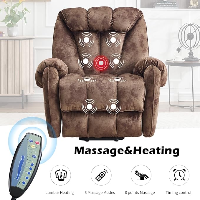 CANMOV Power Lift Recliner Chair for Elderly with Massage & Heat, Overstuffed Recliner Chairs for Adults, Electric Recliners with Type-C & USB Port, Side Pockets, for Living Room, Brown