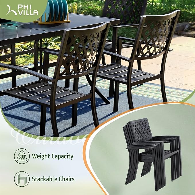 PHI VILLA Metal Outdoor Dining Chairs Set of 2 - Stackable Black Patio Chairs, 300lb Capacity (Diamond)