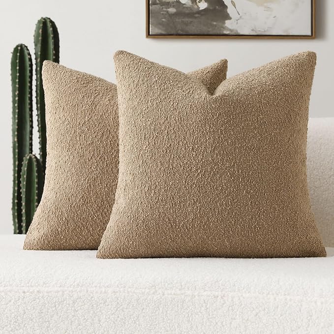 FUTEI Pack of 2 Khaki Decorative Throw Pillow Covers 18x18 Inch Soft Cozy Solid Boucle Textured Cushion Case,Modern Home Decor for Couch Bed Living Room