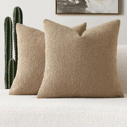 FUTEI Pack of 2 Khaki Decorative Throw Pillow Covers 20x20 Inch Soft Cozy Solid Boucle Textured Cushion Case,Modern Home Decor for Couch Bed Living Room