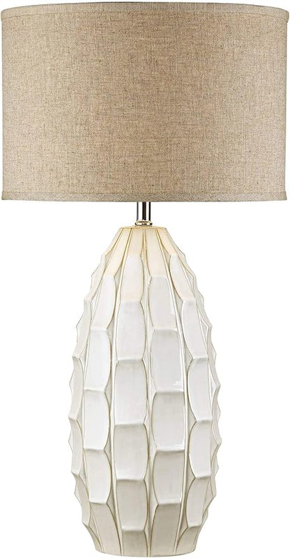 Possini Euro Design Cosgrove Mid Century Modern Coastal Table Lamp 32.75" Tall Ceramic White Handcrafted Beige Fabric Drum Shade Decor for Living Room Bedroom House Bedside Home (Colors May Vary)