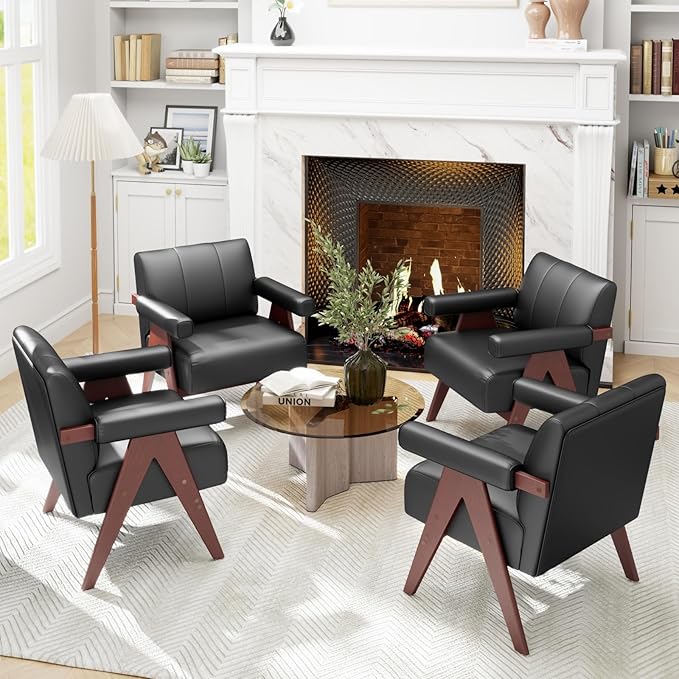 STHOUYN Black Leather Accent Chairs Set of 2, Mid Century Modern Accent Chair, Side Arm Chairs for Living Room, Office Guest Waiting Room Chairs (2, Black)