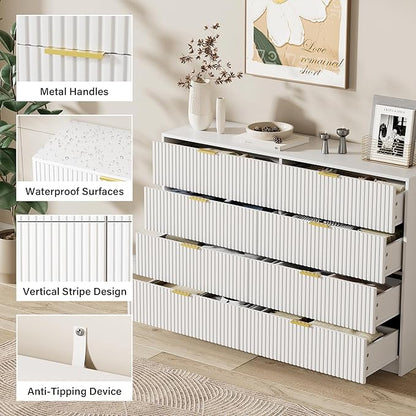 White 8 Drawer Dresser for Bedroom, Modern Dresser with Smooth Slides, Wide Chest of Drawers with Golden Handles for Bedroom, Living Room, Closet, 15.7" D x 55" W x 37.4" H