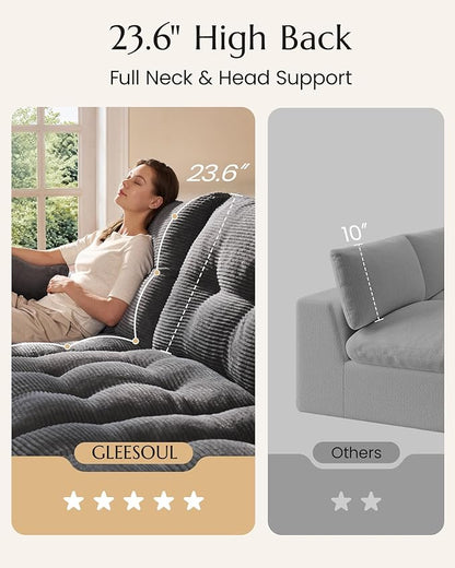 High Back Boneless Couch, L-Shaped Cloud Couch with Versatile 2-Pack Pillow Blankets, Corduroy Modular Sectional Sofa with Ottoman, No Assemble Sectional Couches for Living Room, Dark Grey