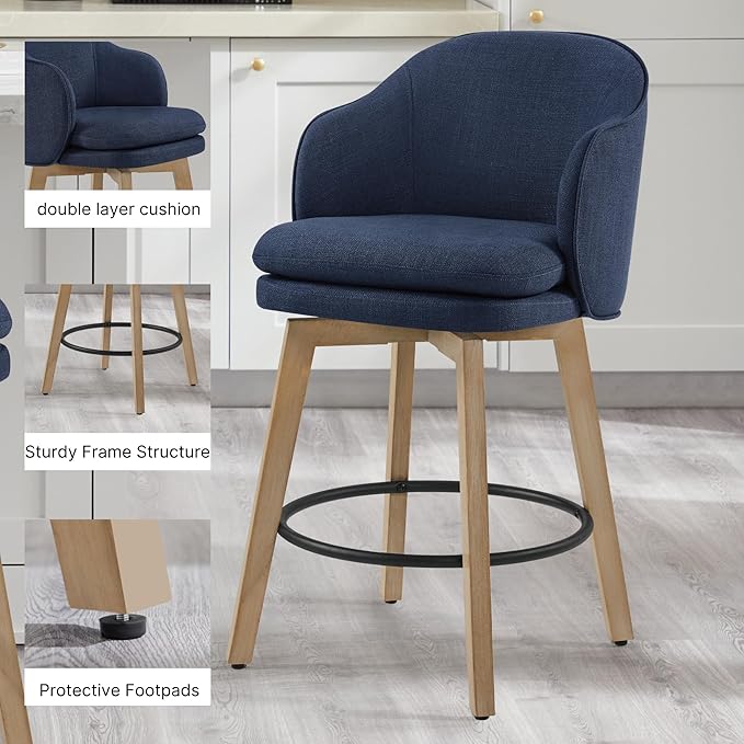 Counter Height Barstools 26 inch Upholstered Swivel Bar Stools with Back and Wood Legs for Kitchen Island,Set of 2,Blue Fabric
