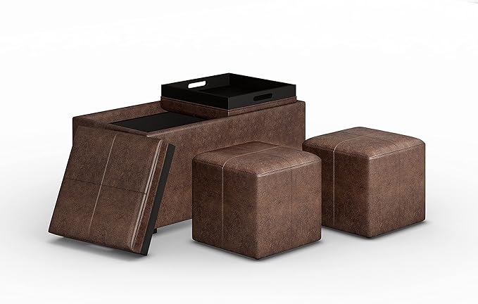 SIMPLIHOME Avalon 35 inch Wide Contemporary Rectangle 5 Pc Storage Ottoman in Distressed Chestnut Brown Vegan Faux Leather, Assembled, For the Living Room, Entryway and Family Room