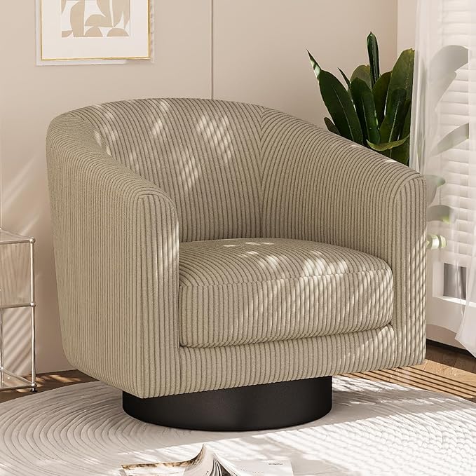 360° Swivel Accent Chairs, Modern Bucket Chair, Corduroy Barrel Armchair, Comfy Boucle Chair, Single Sofa for Living Room Bedroom. Camel