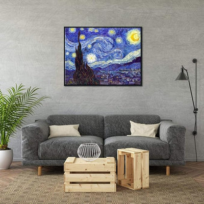 Wieco Art Framed Wall Art Canvas Prints of Starry Night by Vincent Van Gogh Paintings Reproduction Post-Impressionism Artwork Framed Wall Art for Living Room Home Decorations Black Frame