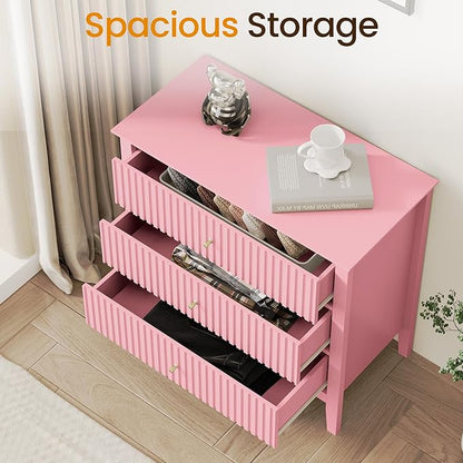 RoyalCraft Fluted 32 inch Wide Nightstand for Bedroom, Large Pink Nightstand with 3 Drawer, Modern End Table, Wood Beside Table for Home and Office