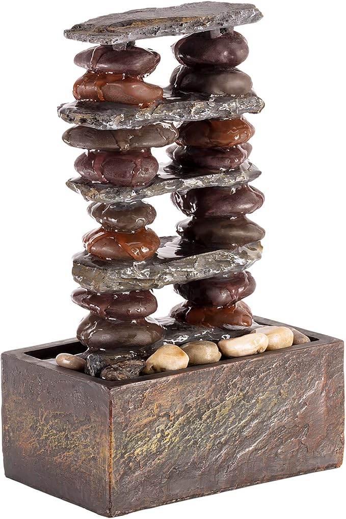 Alpine Corporation TT8002 Indoor/Outdoor Tabletop Stacked Rocks Eternity Fountain, Modern Rocks Tabletop Fountain 12", Brown