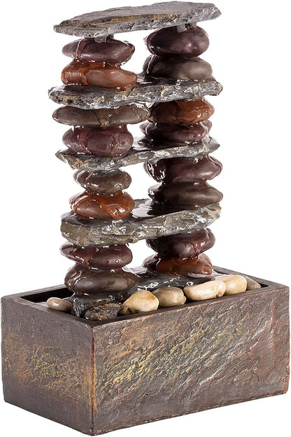 Alpine Corporation TT8002 Indoor/Outdoor Tabletop Stacked Rocks Eternity Fountain, Modern Rocks Tabletop Fountain 12", Brown