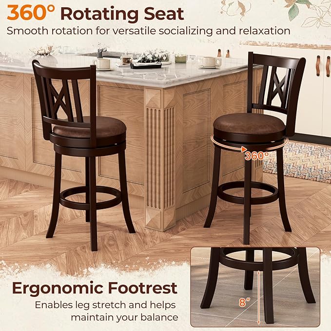 COSTWAY Bar Stools Set of 2, 26” Swivel Bar Chairs with Footrest, Rubber Wood Frame & Hollowed Backrest, Leathaire Counter Height Stools, Padded Counter Stools for Kitchen Island & Pub (2, 26'')