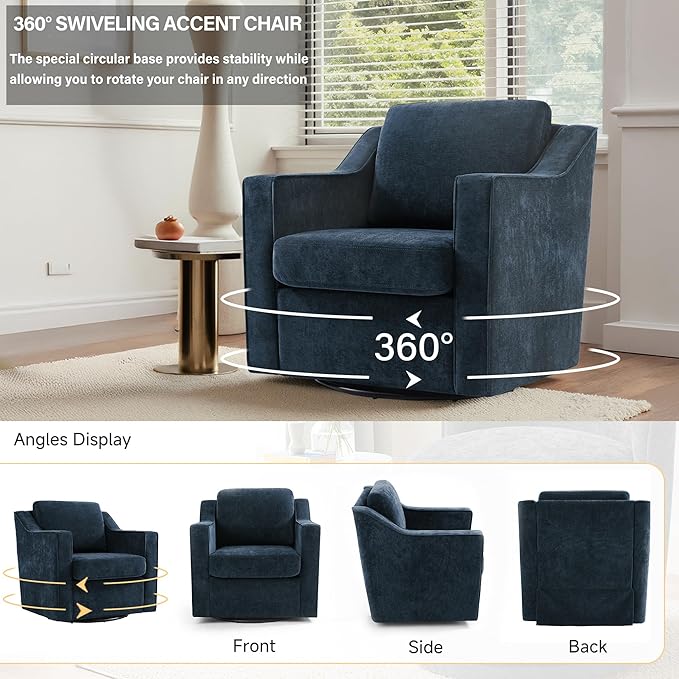 UIXE Swivel Accent Chair, Chenille Upholstered Arm Chair for Living Room, Modern Club Armchair Comfy Single Sofa Bedroom Reading Seat with Lumbar Pillow - Navy Blue