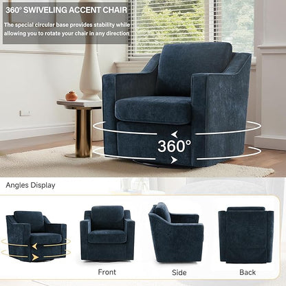 UIXE Swivel Accent Chair Set of 2, Chenille Upholstered Arm Chair for Living Room, Modern Club Armchair Comfy Single Sofa Bedroom Reading Seat with Lumbar Pillow - Navy Blue