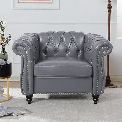 LEVNARY Leather Upholstered Armchair, Mid-Century Modern Single Sofa Chair with Rolled Arms and Nailhead, Tufted Pu Leather Chesterfield Chair for Home Bedroom Reading Room (Gray)