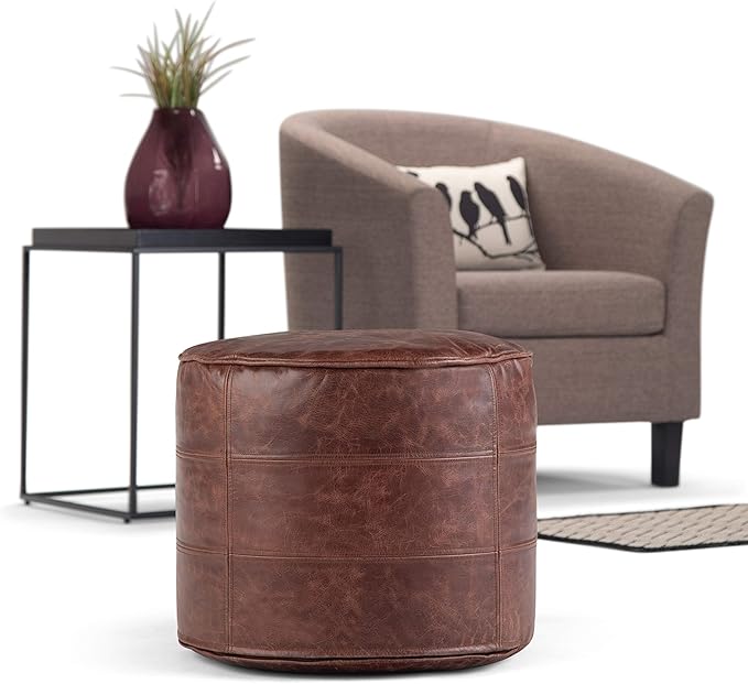 SIMPLIHOME Connor Boho Round Pouf in Distressed Brown Genuine Leather for the Living Room, Bedroom and Kids Room