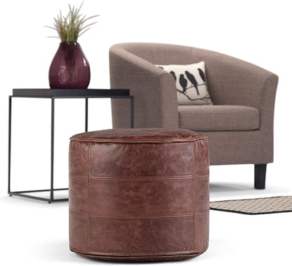 SIMPLIHOME Connor Boho Round Pouf in Distressed Brown Genuine Leather for the Living Room, Bedroom and Kids Room