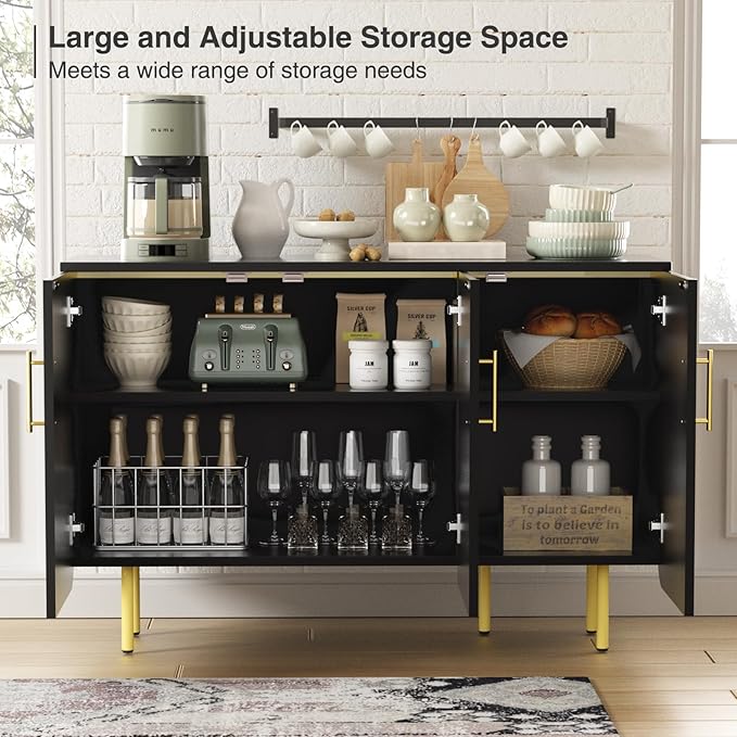 Modern Fluted Black Storage Cabinet with 3 Doors, Adjustable Shelves, and Metal Legs, Accent Buffet Sideboard for Living Room, Dining Room, Entryway (Black & Gold)