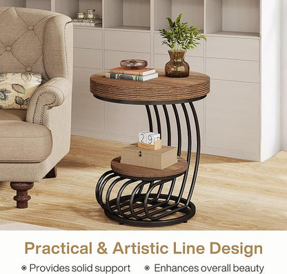 Tribesigns Round End Table, 2-Tier Farmhose Wood Side Table with Shelf Storage, Small Sofa Side Bedside Nightstand, Arc-Shaped Frame Accent Furniture for Living Room, Light Brown