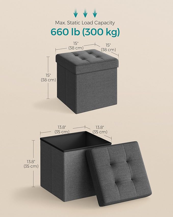 SONGMICS Storage Ottoman, Foldable Small Ottoman Foot Rest, 15 Inches Foot Stool, Cube Ottoman with Storage, Load up to 660 lb, for Living Room, Bedroom, Dorm, Dark Gray ULSF27Z