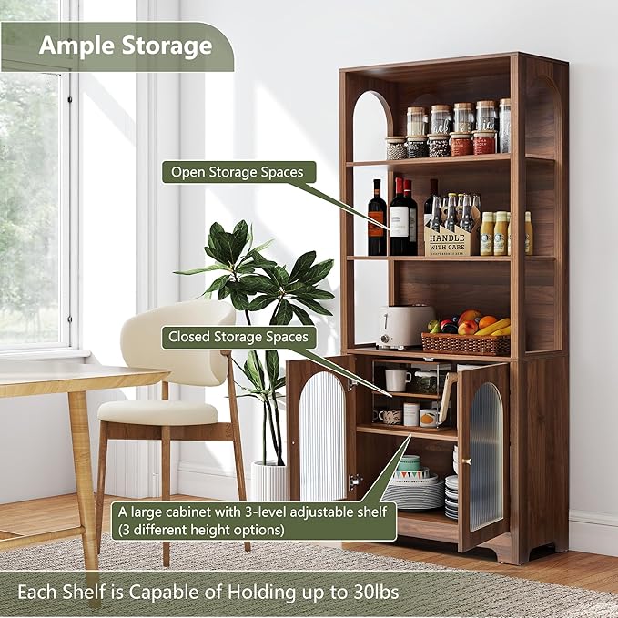 RARZOE Set of 2 Bookshelves and Bookcases, 5-Tier Arched Bookshelf with Glass Doors, Floor Standing 5 Shelf Book case, Wood Display Cabinet Storage Organizer for Living Room, Bedroom, Office(Walnut)