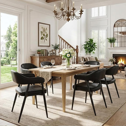 HNY Modern Dining Room Arm Chairs Set of 4, Retro Faux Leather Upholstered Barrel Dining Chairs with Arms Mid-Century Black Accent Chair with Metal Legs, Open-Back Kitchen Side Chair for Living Room